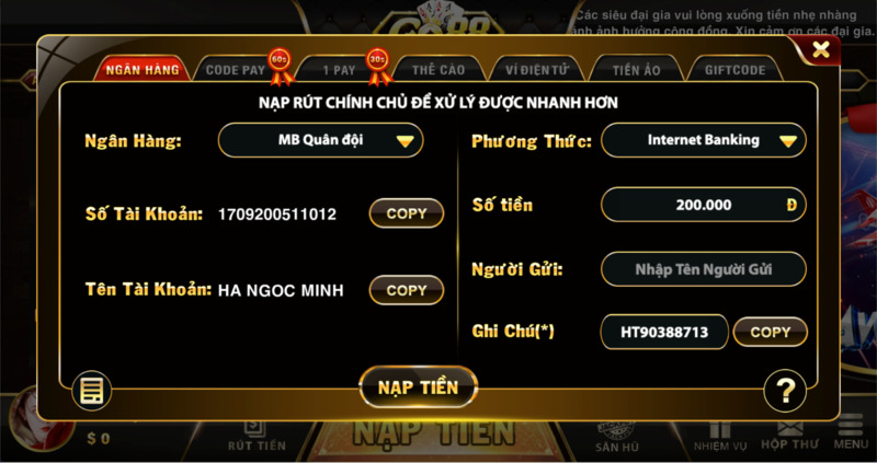 cách nạp tiền vào go88 bằng ngân hàng